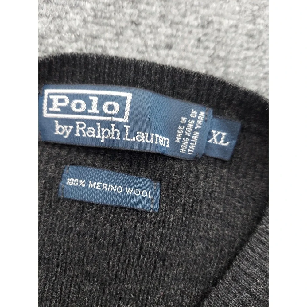 Polo Ralph Lauren Sweater‎ Mens XL Gray 100% Merino Wool V Neck Pullover Knit